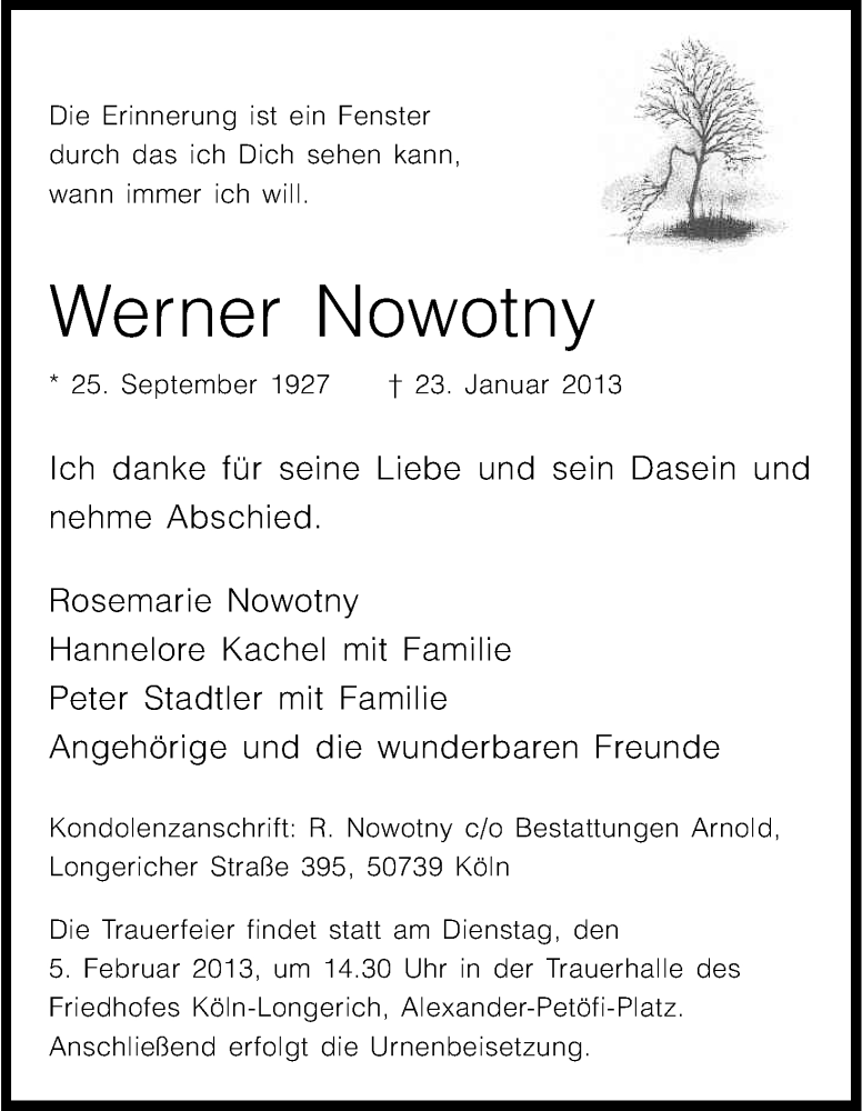  Traueranzeige für Werner Nowotny vom 02.02.2013 aus Kölner Stadt-Anzeiger / Kölnische Rundschau / Express