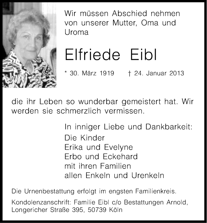  Traueranzeige für Elfriede Eibl vom 02.02.2013 aus Kölner Stadt-Anzeiger / Kölnische Rundschau / Express