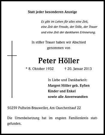 Anzeige von Peter Höller von Kölner Stadt-Anzeiger / Kölnische Rundschau / Express