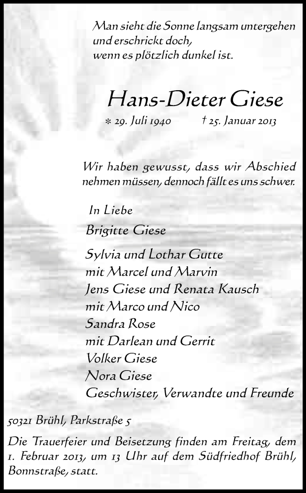  Traueranzeige für Hans-Dieter Giese vom 30.01.2013 aus Kölner Stadt-Anzeiger / Kölnische Rundschau / Express