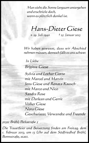 Anzeige von Hans-Dieter Giese von Kölner Stadt-Anzeiger / Kölnische Rundschau / Express