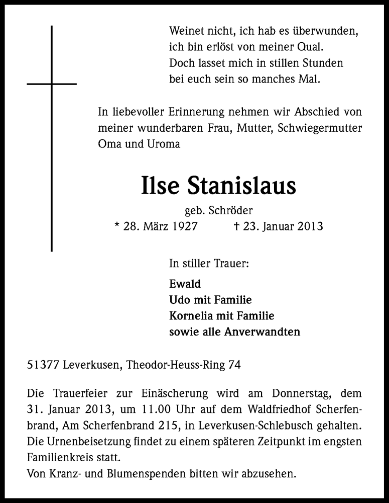  Traueranzeige für Ilse Stanislaus vom 29.01.2013 aus Kölner Stadt-Anzeiger / Kölnische Rundschau / Express