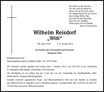 Anzeige von Wilhelm Reisdorf von Kölner Stadt-Anzeiger / Kölnische Rundschau / Express