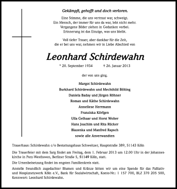 Anzeige von Leonhard Schirdewahn von Kölner Stadt-Anzeiger / Kölnische Rundschau / Express