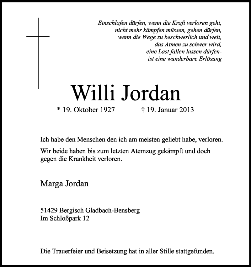  Traueranzeige für Willi Jordan vom 16.02.2013 aus Kölner Stadt-Anzeiger / Kölnische Rundschau / Express