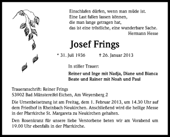 Anzeige von Josef Frings von Kölner Stadt-Anzeiger / Kölnische Rundschau / Express