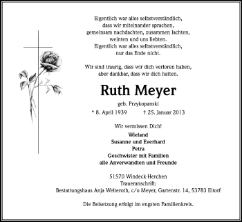Anzeige von Ruth Meyer von Kölner Stadt-Anzeiger / Kölnische Rundschau / Express