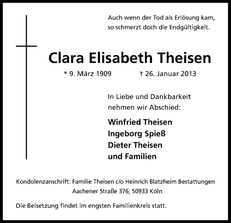  Traueranzeige für Clara Elisabeth Theisen vom 30.01.2013 aus Kölner Stadt-Anzeiger / Kölnische Rundschau / Express
