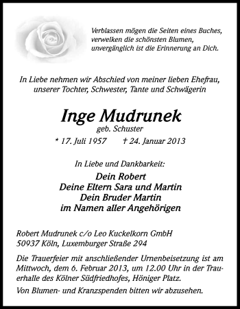 Anzeige von Inge Mudrunek von Kölner Stadt-Anzeiger / Kölnische Rundschau / Express