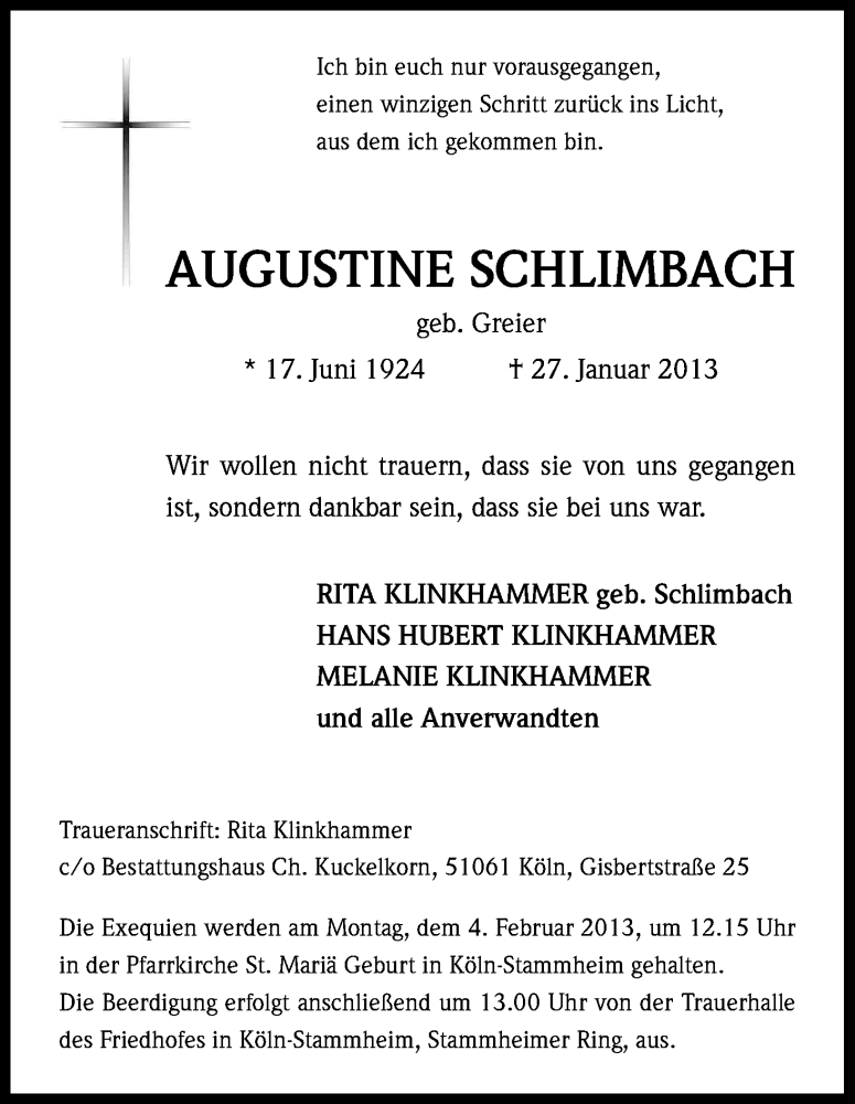  Traueranzeige für Augustine Schlimbach vom 30.01.2013 aus Kölner Stadt-Anzeiger / Kölnische Rundschau / Express