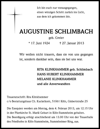 Anzeige von Augustine Schlimbach von Kölner Stadt-Anzeiger / Kölnische Rundschau / Express