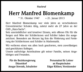 Anzeige von Manfred Blomenkamp von Kölner Stadt-Anzeiger / Kölnische Rundschau / Express