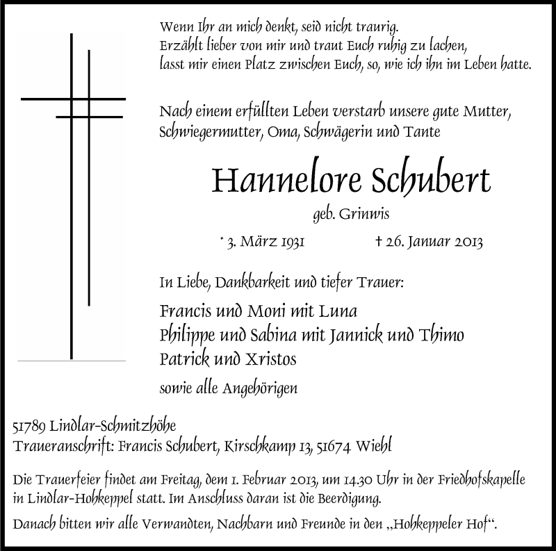  Traueranzeige für Hannelore Schubert vom 30.01.2013 aus Kölner Stadt-Anzeiger / Kölnische Rundschau / Express