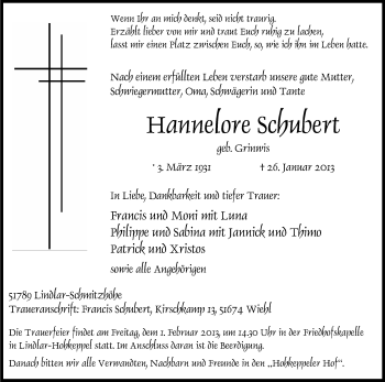 Anzeige von Hannelore Schubert von Kölner Stadt-Anzeiger / Kölnische Rundschau / Express