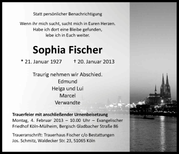 Anzeige von Sophia Fischer von Kölner Stadt-Anzeiger / Kölnische Rundschau / Express