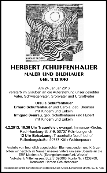 Anzeige von Herbert Schuffenhauer von Kölner Stadt-Anzeiger / Kölnische Rundschau / Express