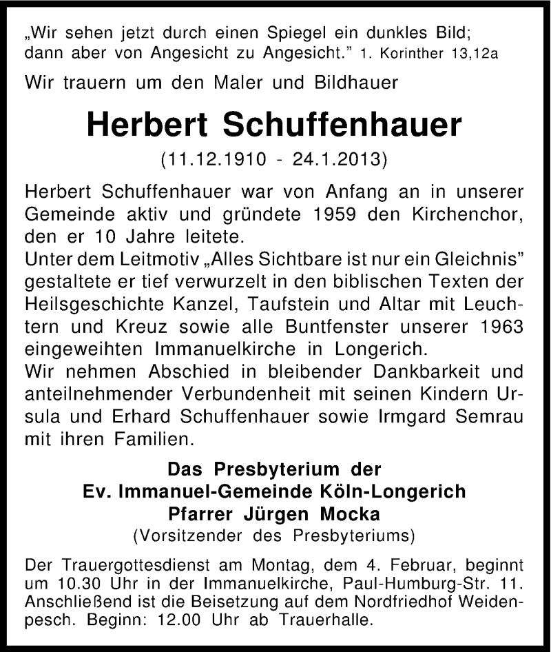  Traueranzeige für Herbert Schuffenhauer vom 30.01.2013 aus Kölner Stadt-Anzeiger / Kölnische Rundschau / Express