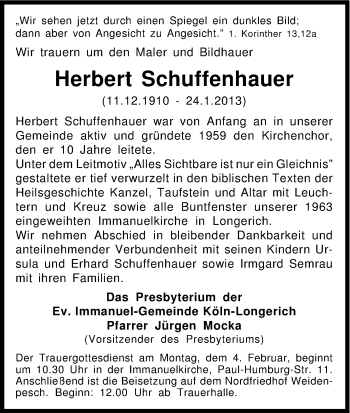 Anzeige von Herbert Schuffenhauer von Kölner Stadt-Anzeiger / Kölnische Rundschau / Express