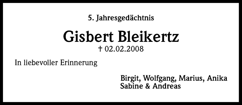  Traueranzeige für Gisbert Bleikertz vom 02.02.2013 aus Kölner Stadt-Anzeiger / Kölnische Rundschau / Express