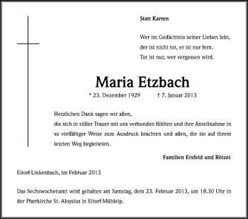 Anzeige von Maria Etzbach von Kölner Stadt-Anzeiger / Kölnische Rundschau / Express