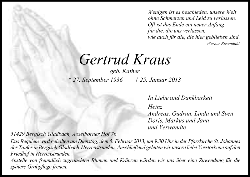  Traueranzeige für Gertrud Kraus vom 30.01.2013 aus Kölner Stadt-Anzeiger / Kölnische Rundschau / Express