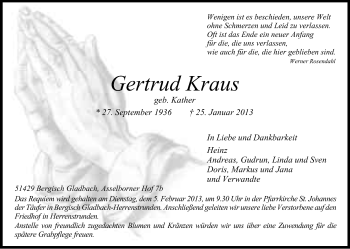 Anzeige von Gertrud Kraus von Kölner Stadt-Anzeiger / Kölnische Rundschau / Express