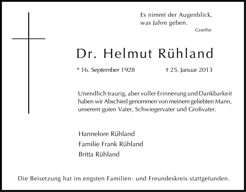  Traueranzeige für Helmut Rühland vom 02.02.2013 aus Kölner Stadt-Anzeiger / Kölnische Rundschau / Express