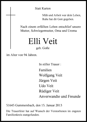 Anzeige von Elli Veit von Kölner Stadt-Anzeiger / Kölnische Rundschau / Express