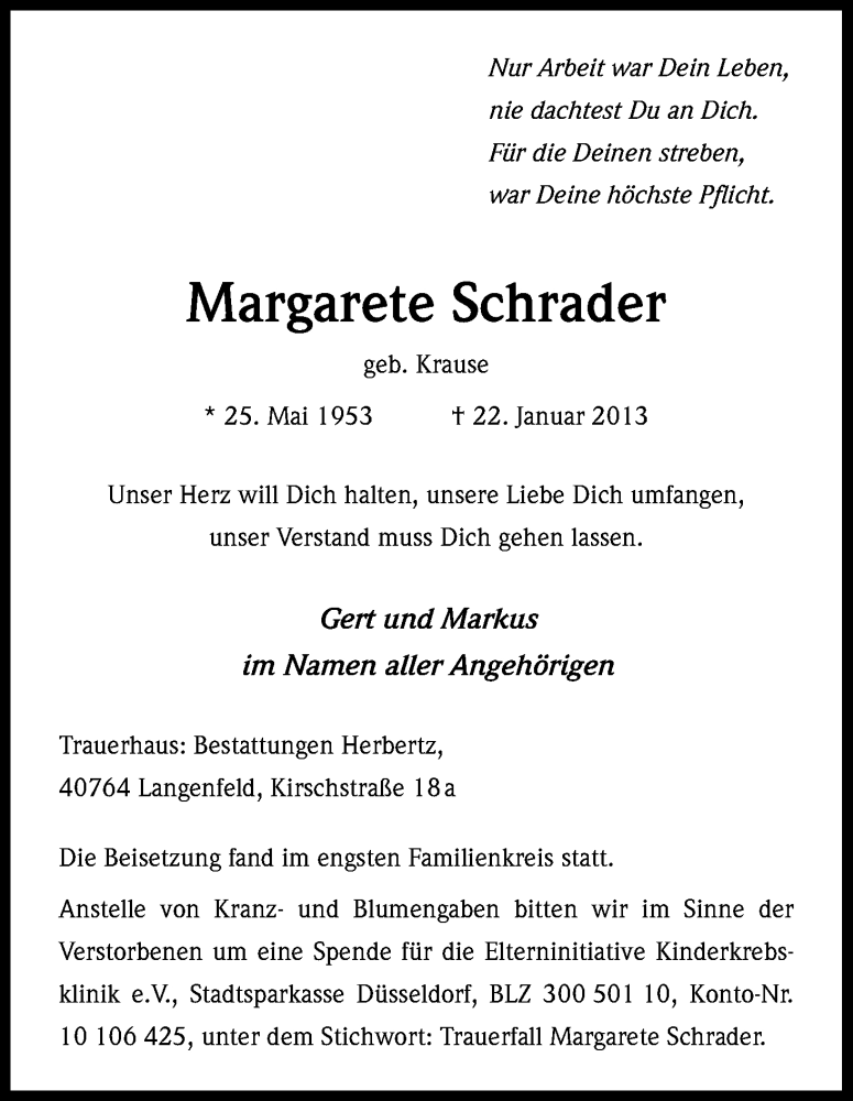  Traueranzeige für Margarete Schrader vom 30.01.2013 aus Kölner Stadt-Anzeiger / Kölnische Rundschau / Express