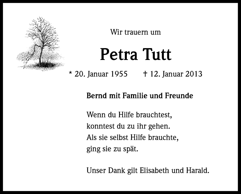  Traueranzeige für Petra Tutt vom 30.01.2013 aus Kölner Stadt-Anzeiger / Kölnische Rundschau / Express