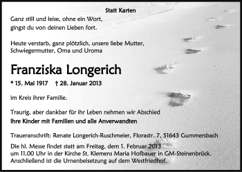 Anzeige von Franziska Longerich von Kölner Stadt-Anzeiger / Kölnische Rundschau / Express