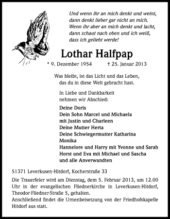 Anzeige von Lothar Halfpap von Kölner Stadt-Anzeiger / Kölnische Rundschau / Express