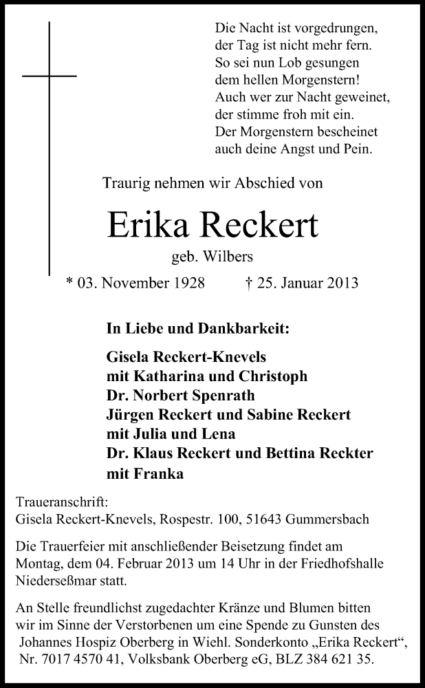  Traueranzeige für Erika Reckert vom 30.01.2013 aus Kölner Stadt-Anzeiger / Kölnische Rundschau / Express