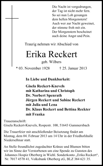 Anzeige von Erika Reckert von Kölner Stadt-Anzeiger / Kölnische Rundschau / Express