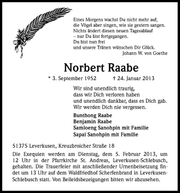 Anzeige von Norbert Raabe von Kölner Stadt-Anzeiger / Kölnische Rundschau / Express