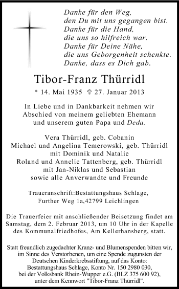 Anzeige von Tibor-Franz Thürridl von Kölner Stadt-Anzeiger / Kölnische Rundschau / Express