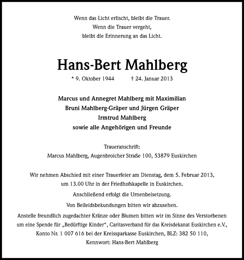  Traueranzeige für Hans-Bert Mahlberg vom 31.01.2013 aus Kölner Stadt-Anzeiger / Kölnische Rundschau / Express