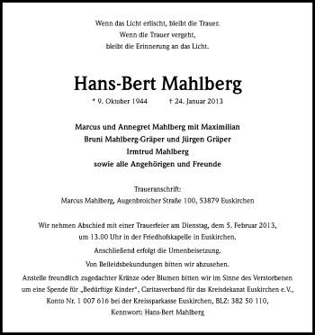 Anzeige von Hans-Bert Mahlberg von Kölner Stadt-Anzeiger / Kölnische Rundschau / Express