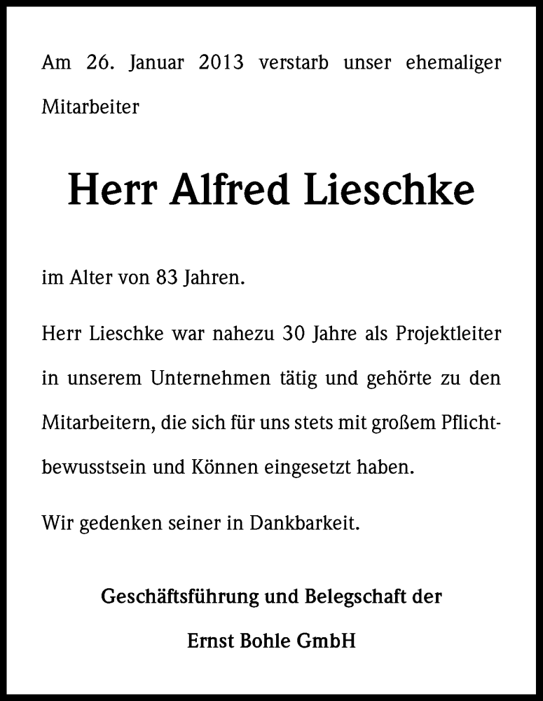  Traueranzeige für Alfred Lieschke vom 30.01.2013 aus Kölner Stadt-Anzeiger / Kölnische Rundschau / Express