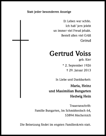 Anzeige von Gertrud Voiss von Kölner Stadt-Anzeiger / Kölnische Rundschau / Express