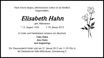 Anzeige von Elisabeth Hahn von Kölner Stadt-Anzeiger / Kölnische Rundschau / Express