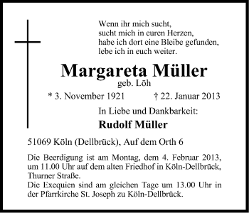 Anzeige von Margareta Müller von Kölner Stadt-Anzeiger / Kölnische Rundschau / Express