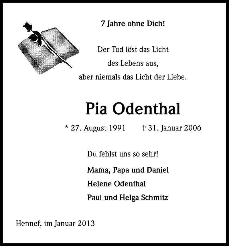 Traueranzeige für Pia Odenthal vom 31.01.2013 aus Kölner Stadt-Anzeiger / Kölnische Rundschau / Express