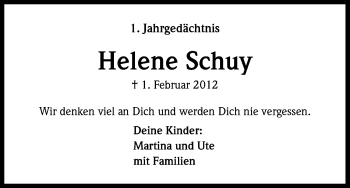 Anzeige von Helene Schuy von Kölner Stadt-Anzeiger / Kölnische Rundschau / Express