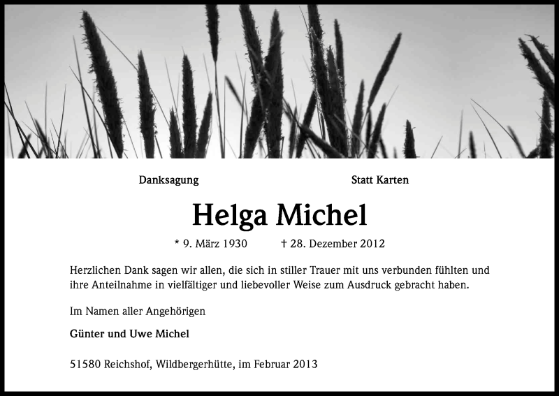  Traueranzeige für Helga Michel vom 02.02.2013 aus Kölner Stadt-Anzeiger / Kölnische Rundschau / Express