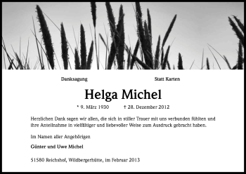 Anzeige von Helga Michel von Kölner Stadt-Anzeiger / Kölnische Rundschau / Express