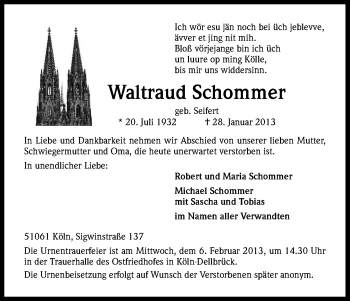 Anzeige von Waltraud Schommer von Kölner Stadt-Anzeiger / Kölnische Rundschau / Express
