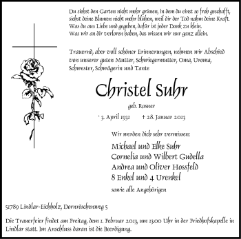 Anzeige von Christel Suhr von Kölner Stadt-Anzeiger / Kölnische Rundschau / Express