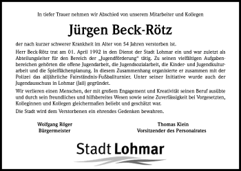Anzeige von Jürgen Beck-Rötz von Kölner Stadt-Anzeiger / Kölnische Rundschau / Express