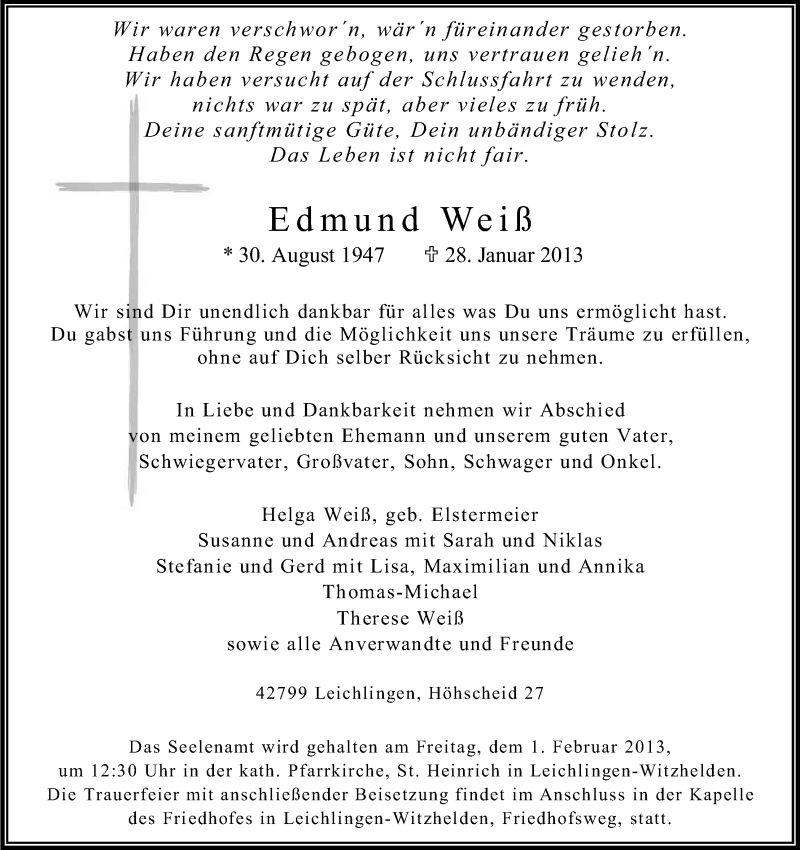  Traueranzeige für Edmund Weiß vom 30.01.2013 aus Kölner Stadt-Anzeiger / Kölnische Rundschau / Express